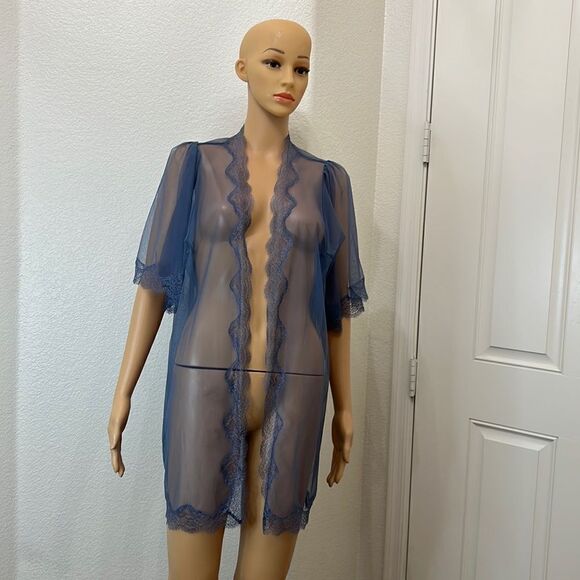 Victoria’s Secret Night Gown Sexy Intimate Robe Wrap Size XS/S Blue Sheer Lace - Picture 1 of 10